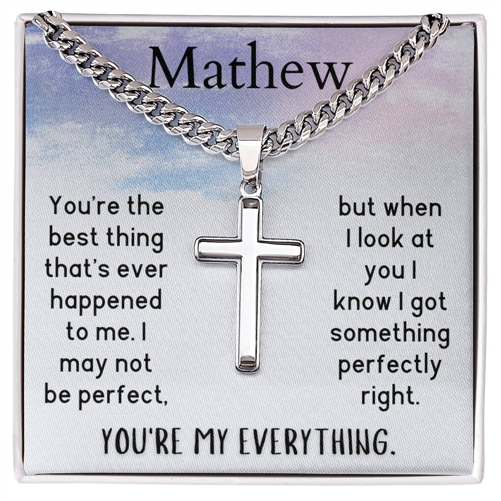 Personalized Polished Stainless Steel Cross Necklace on Cuban Chain