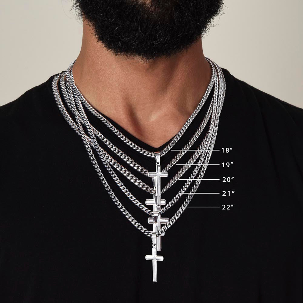 Personalized Polished Stainless Steel Cross Necklace on Cuban Chain