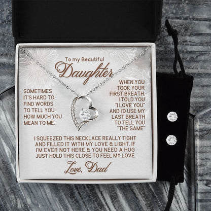 To Daughter Necklace + CZ Earrings Set - First Breath
