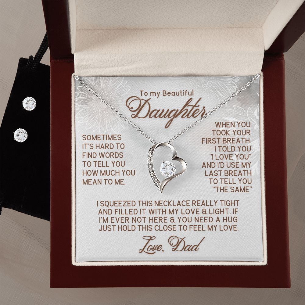 To Daughter Necklace + CZ Earrings Set - First Breath